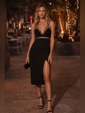 NWT Bebe Black Strappy Bodycon Midi Dress XS Mesh Cutout NBD Style